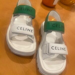Celine White Leather Sandals with Green Logo Straps
